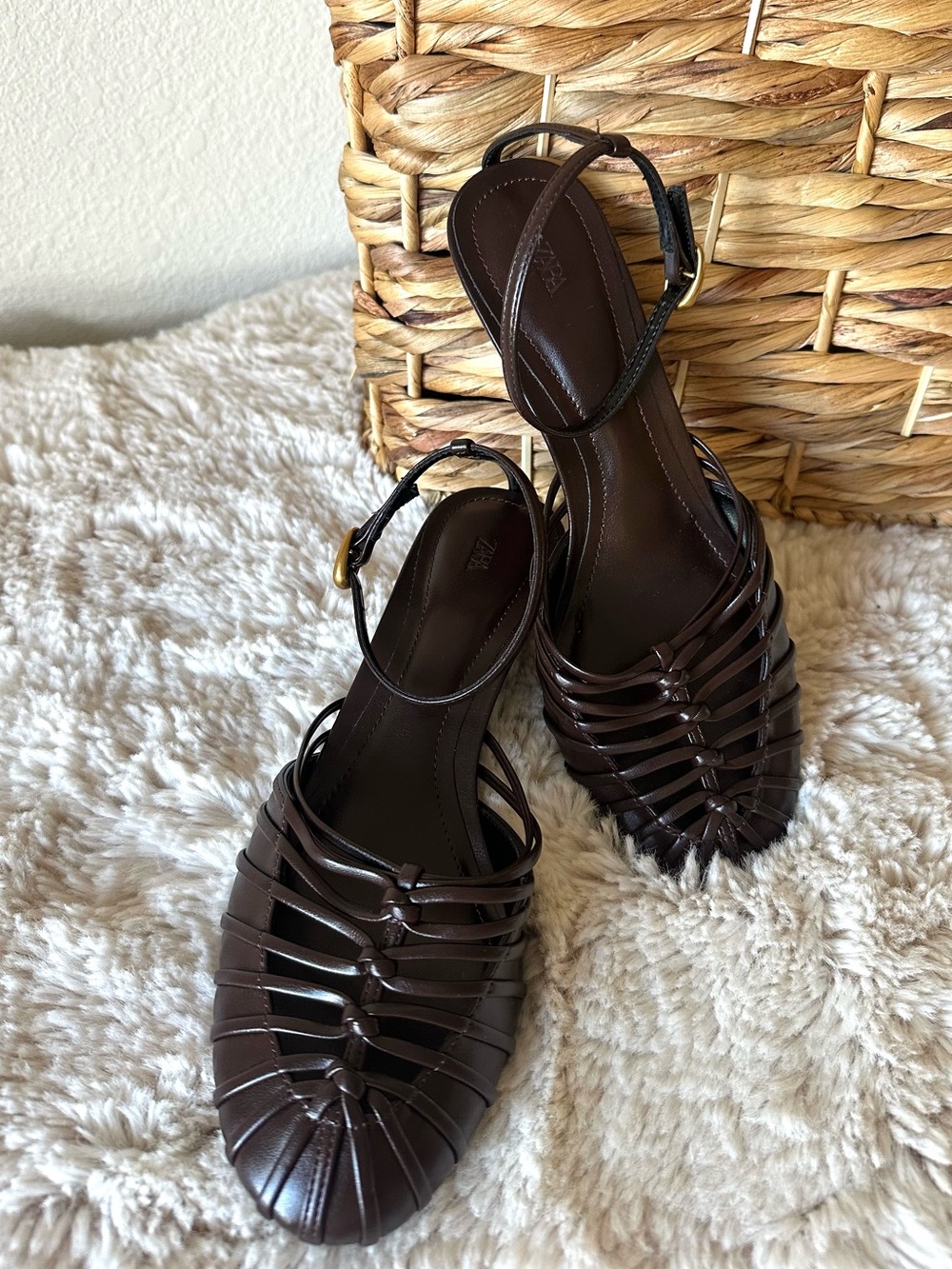 Zara Chocolate Brown Woven Cage Slingback Heels NWOT EU 39 | Strappy Block Heel